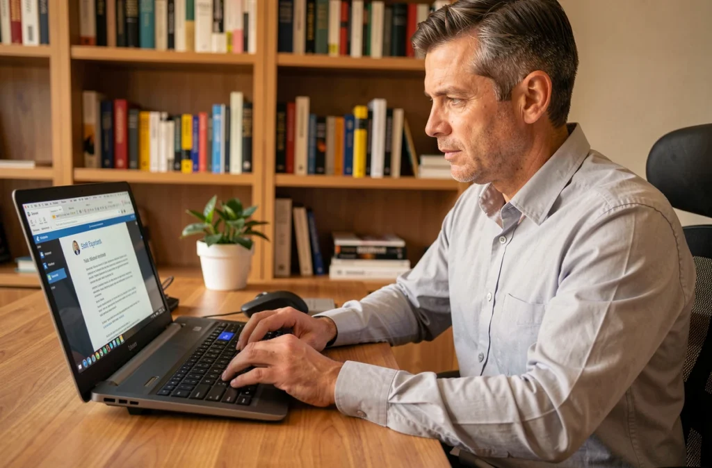 Homme en télétravail utilisant la touche Shift sur un clavier externe pour capitaliser du texte dans un document