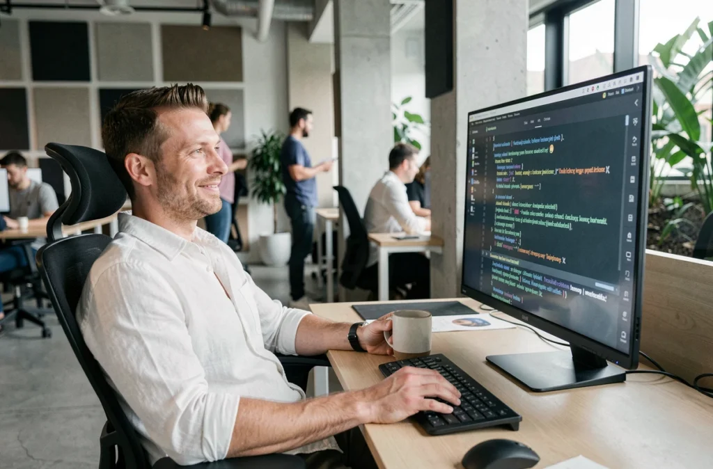 Vidéaste indépendant vérifiant des sous-titres générés automatiquement dans un espace de coworking moderne