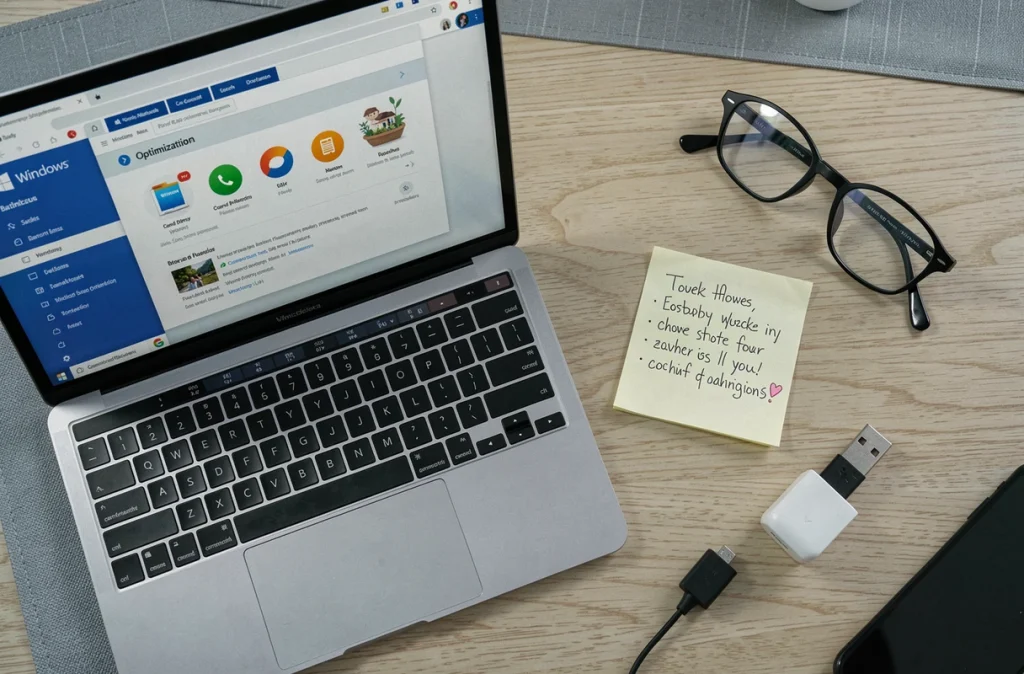 Vue du dessus d'un ordinateur portable avec tableau de bord d'optimisation de la batterie et accessoires sur un bureau de travail