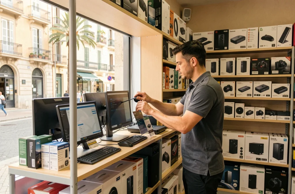 Employé arrangeant des produits informatiques dans le magasin ADMI Computer à Nice
