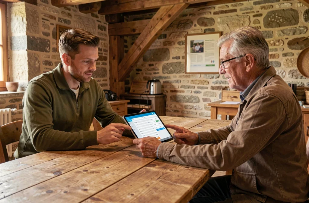 Conseiller IT d'Ap-propo Cerfrance Val de Loire accompagnant un client agricole autour d'une tablette dans un bureau rural