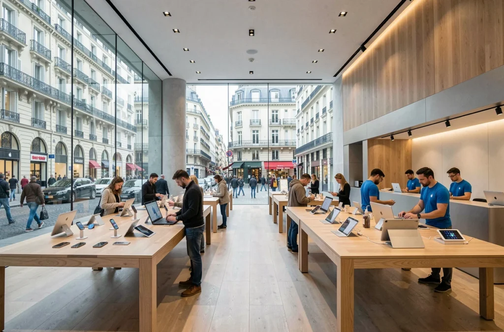 Intérieur de l'Apple Store de Marseille avec des clients explorant les produits Apple sur des tables en bois