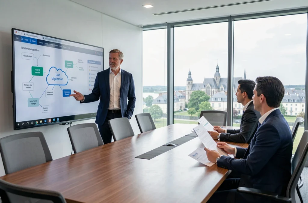 Consultant d'APS Solutions Informatiques présentant une feuille de route cloud à des clients dans une salle de réunion moderne