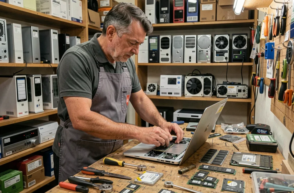 Technicien réparant un ordinateur portable dans l'atelier d'Arc Informatique à Marseille