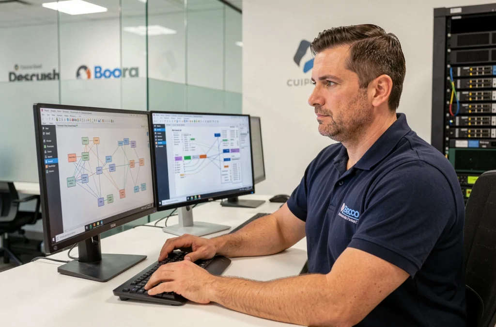 Consultant informatique d'Axido assis à son poste de travail, analysant des diagrammes réseau sur deux écrans dans un bureau moderne