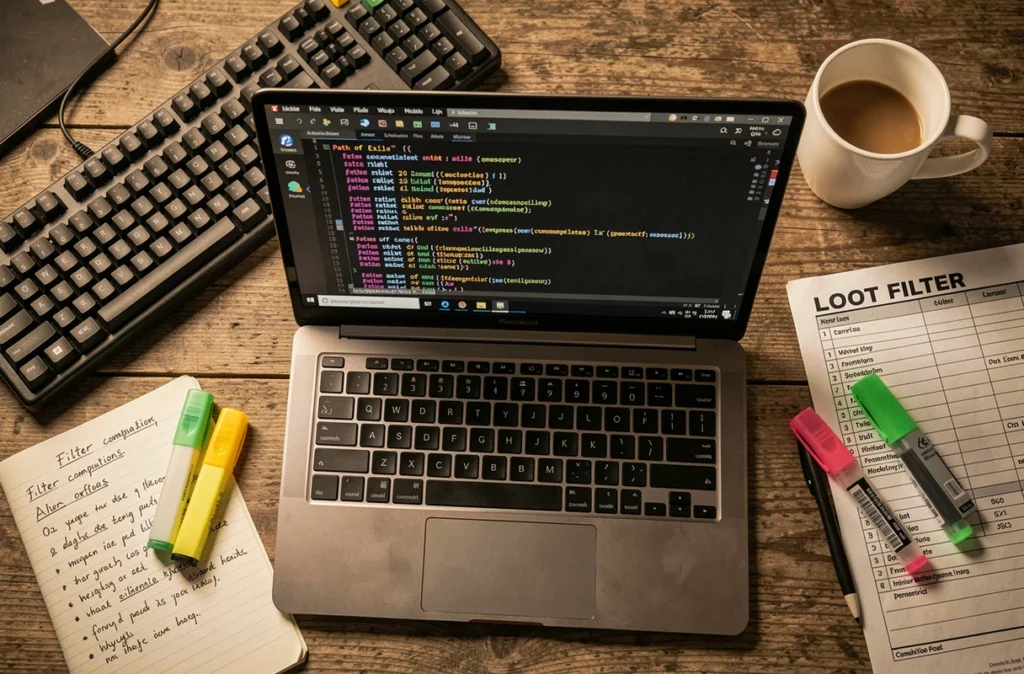 Vue aérienne d'un bureau avec un ordinateur portable affichant du code de filtre de loot PoE2, des notes manuscrites et des surligneurs colorés