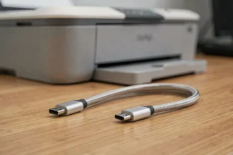 Câble adaptateur USB B vers USB C posé sur un bureau en bois à côté d'une ancienne imprimante inkjet