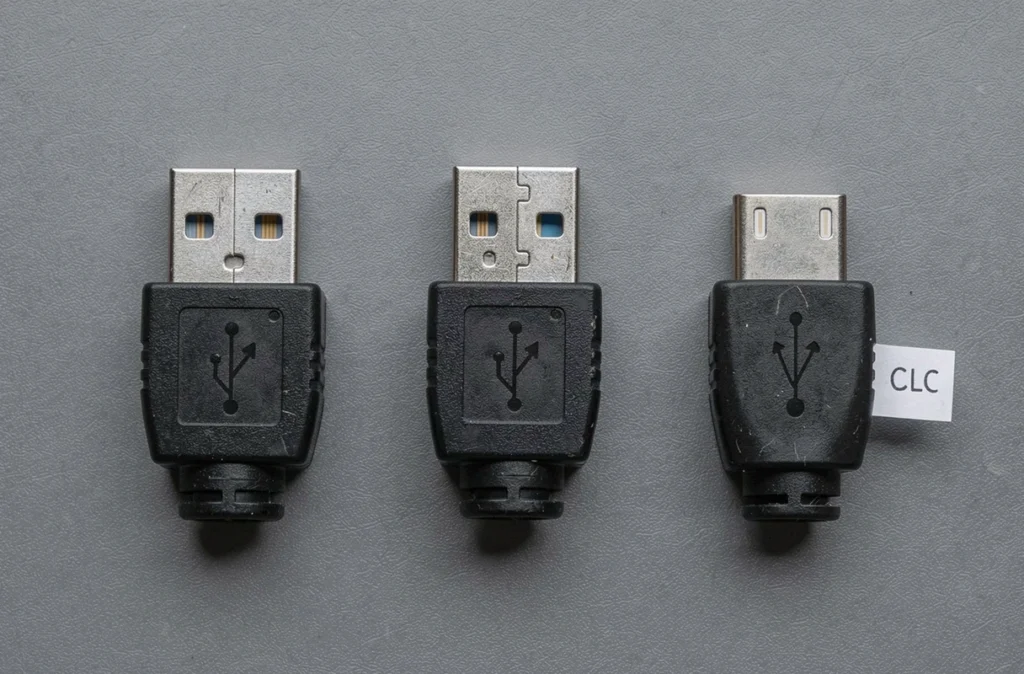 Vue à plat comparant trois connecteurs USB A, USB B et USB C côte à côte sur fond gris mat