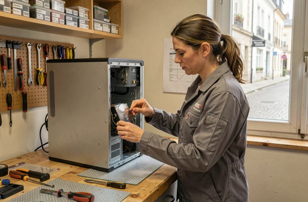 Technicienne de maintenance de Computasys remplaçant un disque dur dans un atelier informatique de proximité