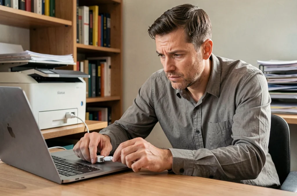 Homme connectant un câble USB C à une imprimante laser ancienne génération depuis un ordinateur portable dans un bureau à domicile