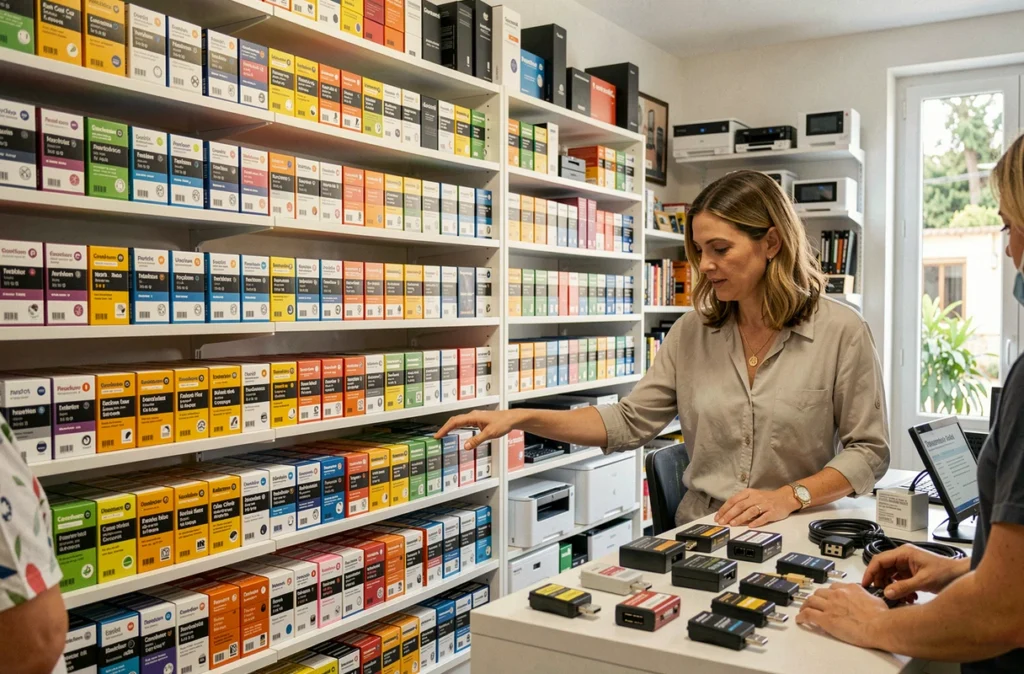 Vendeuse aidant un client à trouver des cartouches d'encre dans la boutique Expert Cartouches à Aix-en-Provence