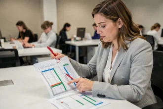 Femme en blazer comparant des lignes en double sur des feuilles Excel imprimées dans un bureau moderne