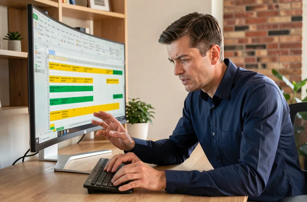 Homme analysant des doublons dans une feuille Excel sur un grand écran dans un bureau à domicile