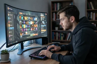 Joueur concentré devant un écran ultrawide affichant un inventaire RPG avec filtres de loot colorés dans Path of Exile 2