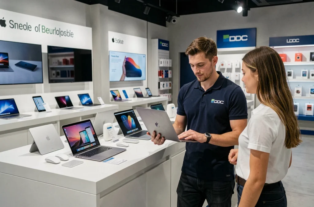Conseiller présentant un MacBook Air dans l'espace Apple dédié du magasin LDLC à Marseille