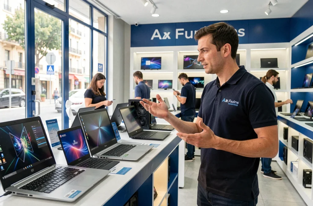 Vendeur conseillant un client devant des ordinateurs portables dans le magasin LDLC Nice Grimaldi