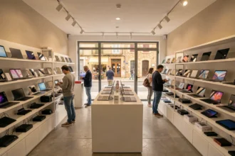 Vue panoramique d'un magasin informatique moderne en Provence-Alpes-Côte d'Azur avec des rayons de produits high-tech