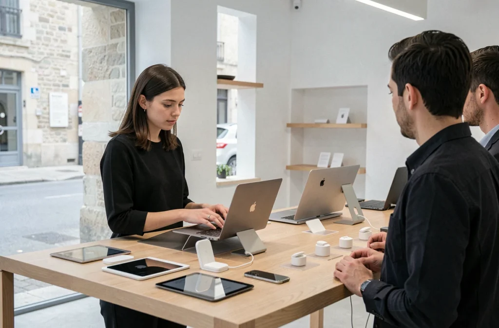 Spécialiste Apple présentant un MacBook Pro dans la boutique Nova Mac à Aix-en-Provence