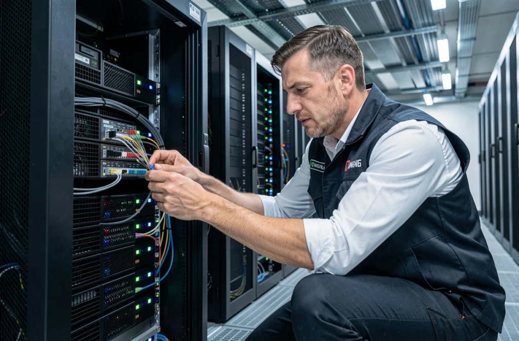 Ingénieur d'OCI Informatique et Digital inspectant des câbles fibre optique dans un couloir de data center