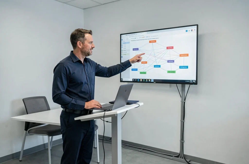 Administrateur systèmes de Proksys présentant un schéma réseau sur un écran mural dans un espace de travail informatique moderne