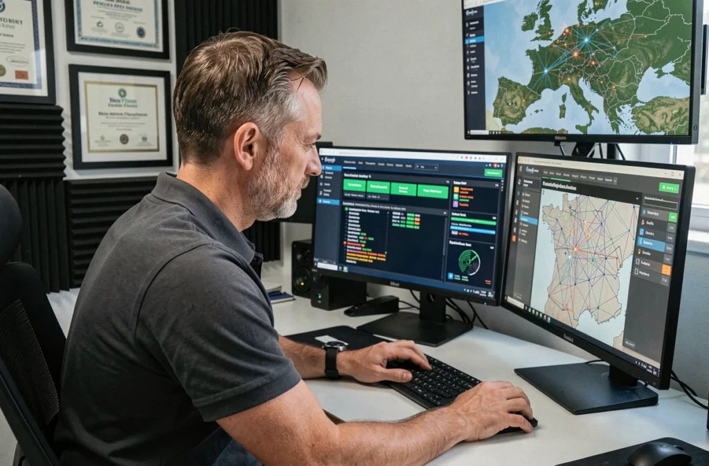 Ingénieur réseau de Provectio configurant un tableau de bord de cybersécurité dans un bureau d'infogérance moderne