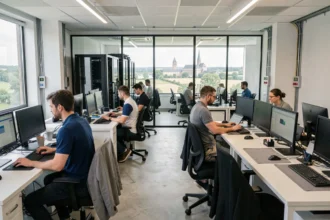 Vue panoramique d'un bureau informatique moderne en Centre-Val de Loire avec des techniciens collaborant autour de postes de travail