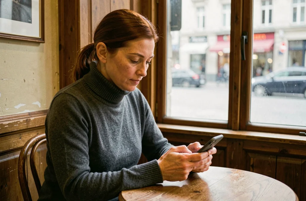 Femme utilisant discrètement un téléphone PGP chiffré dans un café urbain européen