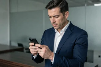 Professionnel en costume tenant un téléphone chiffré PGP sans marque visible dans un bureau moderne