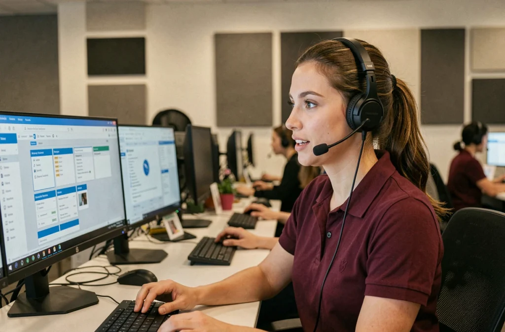 Technicienne support téléphonique de TIS (Tel Info Services) avec casque audio à son poste de helpdesk multi-écrans