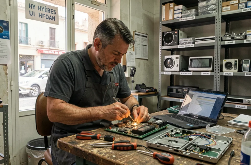Technicien effectuant une réparation électronique sur un ordinateur dans l'atelier Titan-Informatique à Hyères