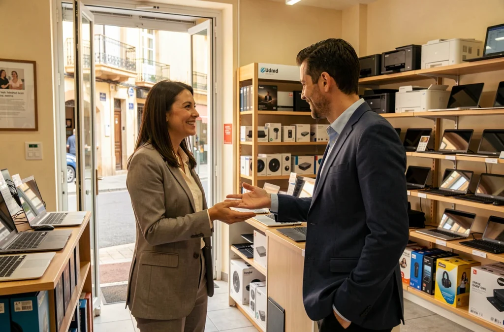 Vendeuse accueillant un client à l'entrée de L'Univers Informatique à Toulon