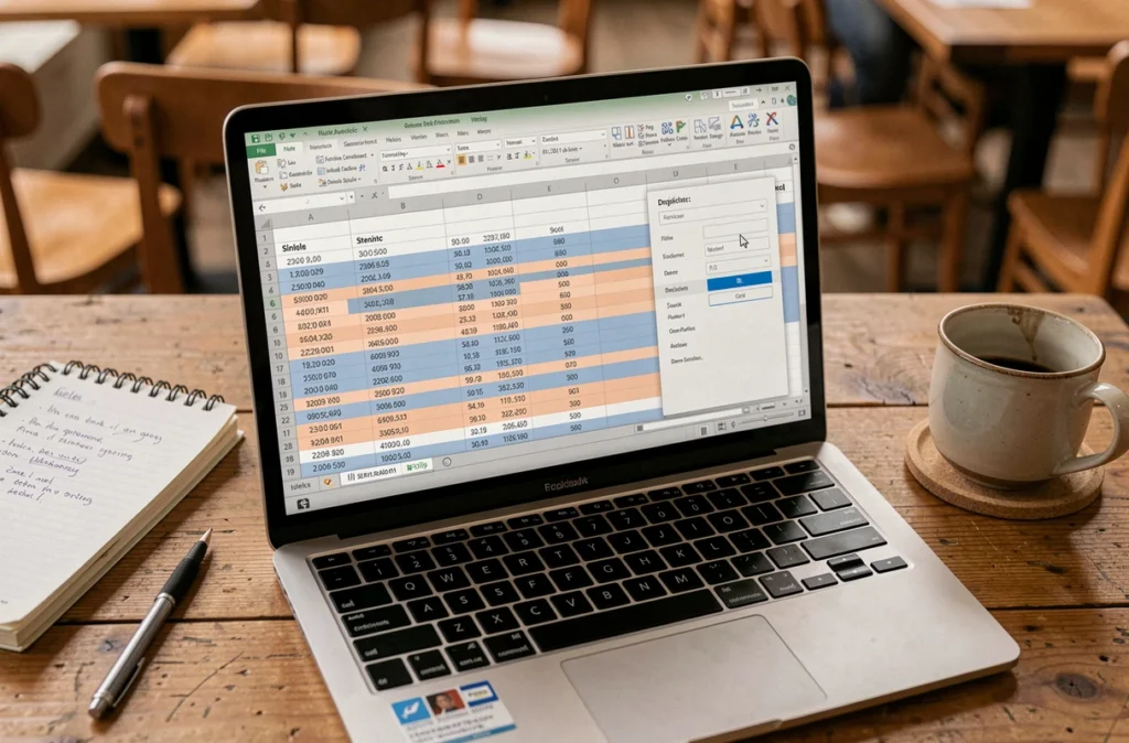 Vue aérienne d'un écran d'ordinateur portable affichant un tableau Excel avec des doublons surlignés sur un bureau en bois