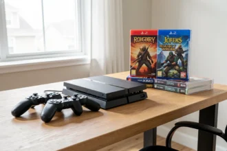 Console de jeux, manettes et boîtes de jeux sur un bureau en bois