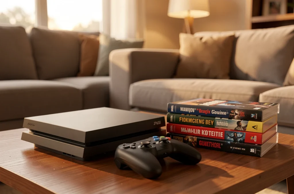 Console et pile de jeux vidéo dans un salon éclairé