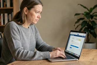 Femme convertissant un fichier Pages en Word sur son ordinateur portable dans un bureau à domicile