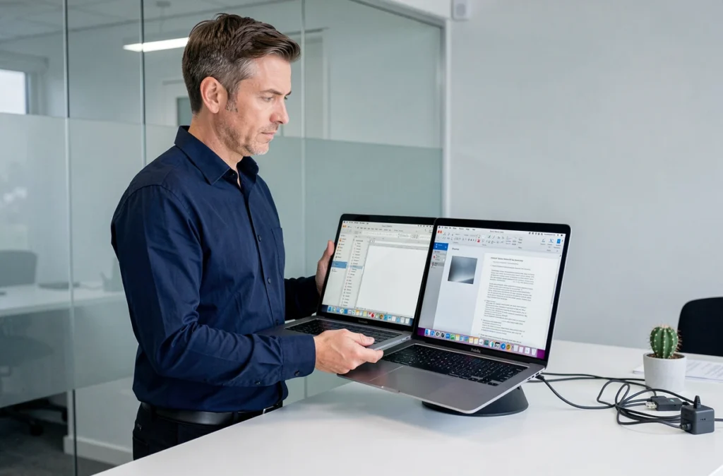 Homme comparant un fichier Pages et un document Word sur un MacBook dans un bureau professionnel moderne
