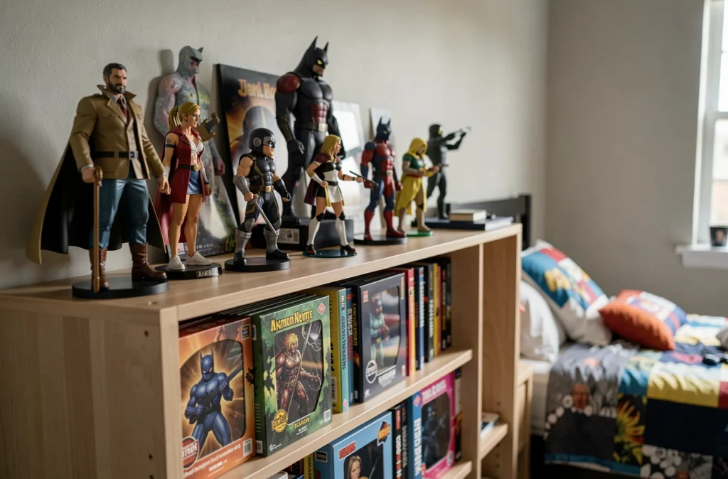 Étagère de figurines et d'objets de collection dans une chambre